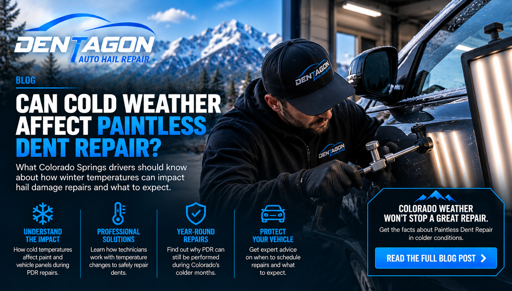 Dentagon Auto Hail Repair technician performing Paintless Dent Repair on a hail-damaged SUV during cold winter weather in Colorado Springs, CO.