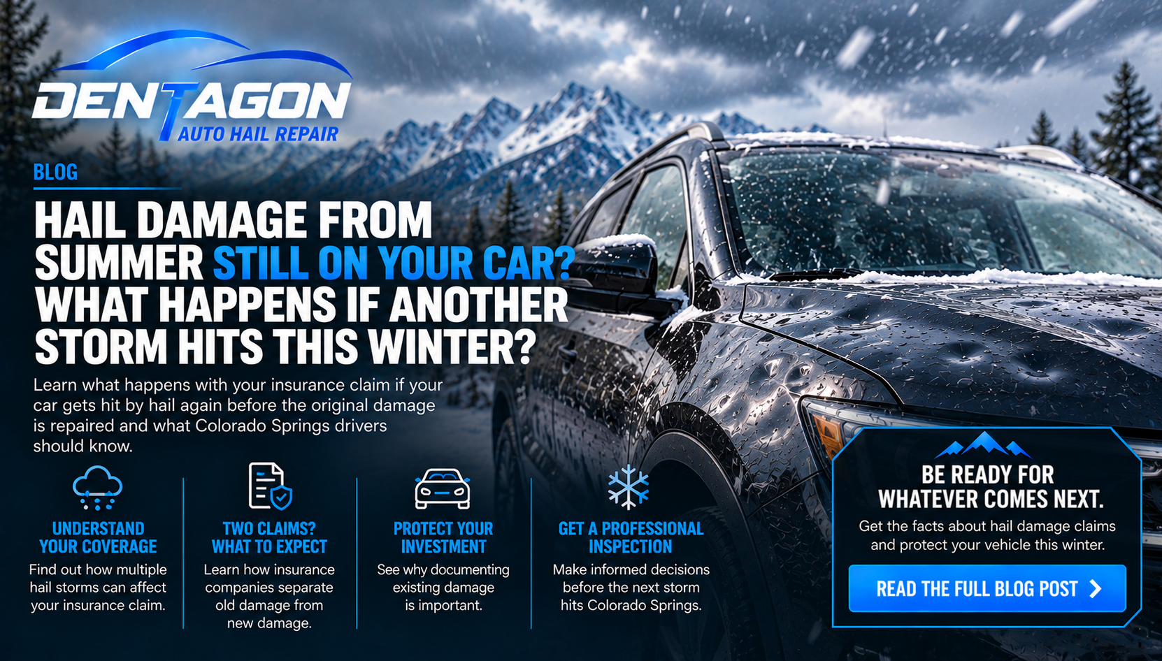 Dark SUV with existing hail damage during a winter storm in Colorado Springs, illustrating multiple hail damage insurance claims and the importance of professional inspections.