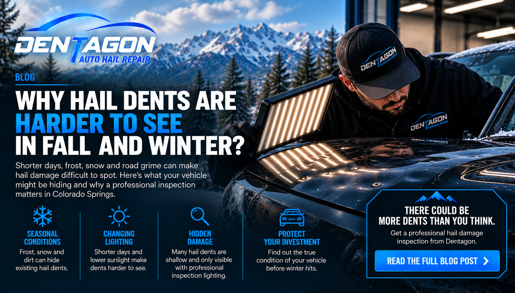 Dentagon Auto Hail Repair technician using specialized PDR inspection lighting to reveal hidden hail dents on a vehicle during fall and winter in Colorado Springs, CO.